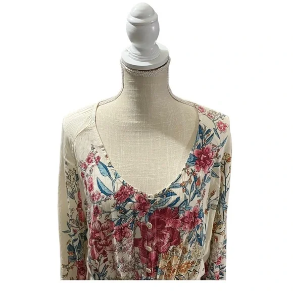 Billabong Play Day Women Cream Floral Long Sleeve Scoop Neck Crinkle Top Sz Sm - Picture 4 of 15